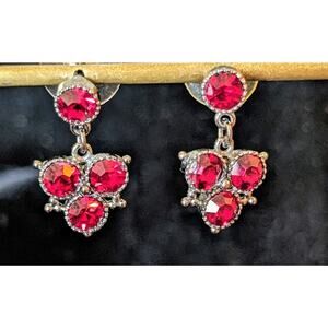 Ruby Red Crystal Dangle Drop Earrings in Gun Metal Setting